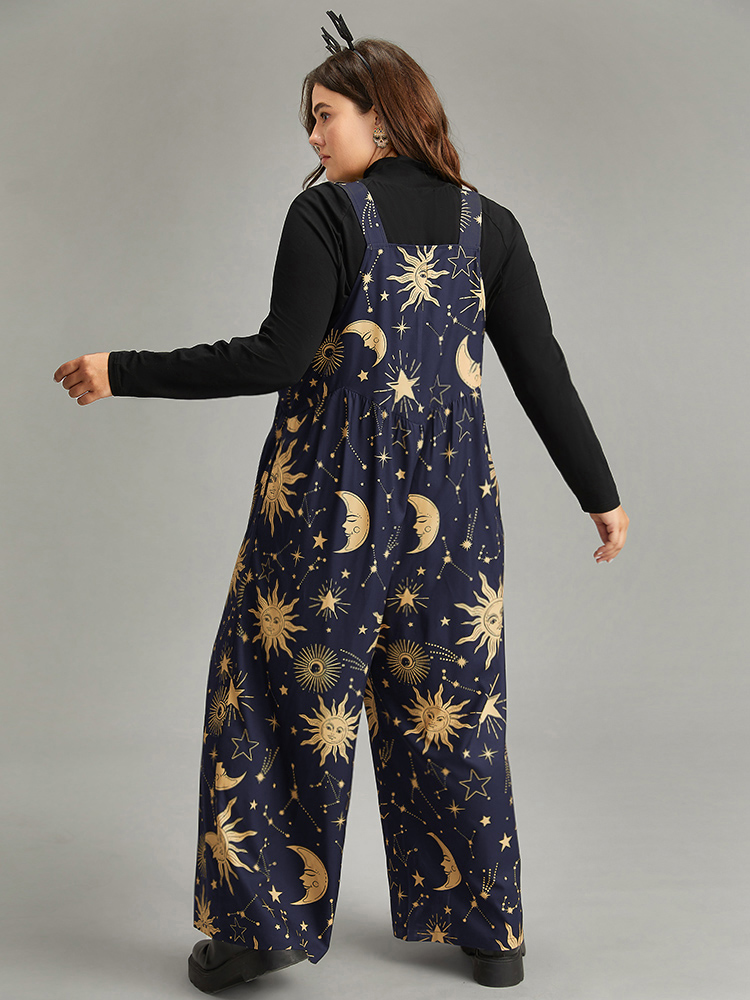 

Plus Size DarkBlue Halloween Moon & Star Print Overall Cami Jumpsuit Women Elegant Sleeveless Spaghetti Strap Festival-Halloween Loose Jumpsuits BloomChic