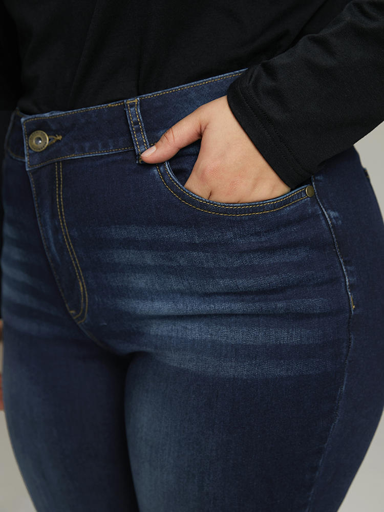 Plus Size Plain Straight Leg Pocket High Rise Jeans Women DarkBlue Casual Plain Plain High stretch Pocket Jeans BloomChic 28/5X 