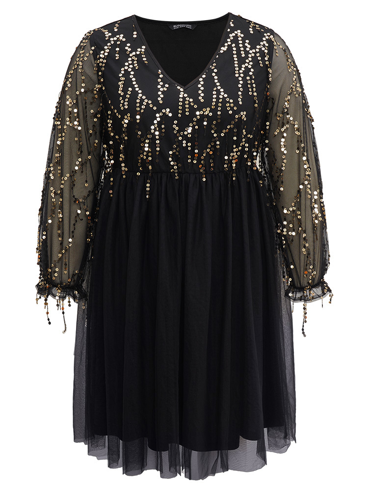 Plus Size Women Party Plain See through Regular Sleeve Long Sleeve V-neck Cocktail Dresses BloomChic 