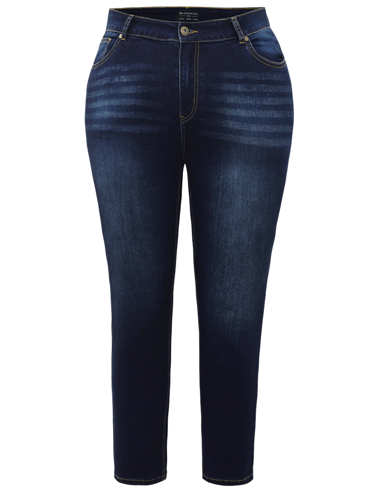 Plus Size Plain Straight Leg Pocket High Rise Jeans Women DarkBlue Casual Plain Plain High stretch Pocket Jeans BloomChic 28/5X 