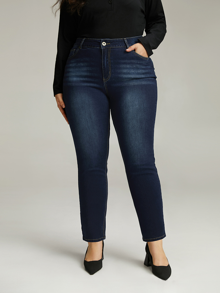 Plus Size Plain Straight Leg Pocket High Rise Jeans Women DarkBlue Casual Plain Plain High stretch Pocket Jeans BloomChic 28/5X 