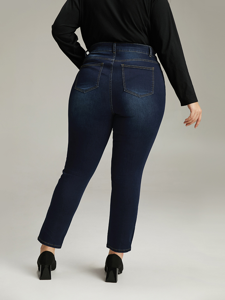 Plus Size Plain Straight Leg Pocket High Rise Jeans Women DarkBlue Casual Plain Plain High stretch Pocket Jeans BloomChic 28/5X 