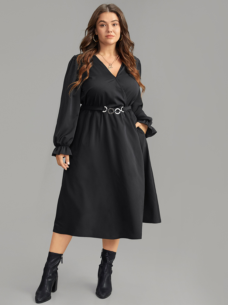 

Plus Size Twill Wrap Belted Buckle Detail Pleated Dress Black Women Elegant Wrap Overlap Collar Long Sleeve Curvy Midi Dress BloomChic