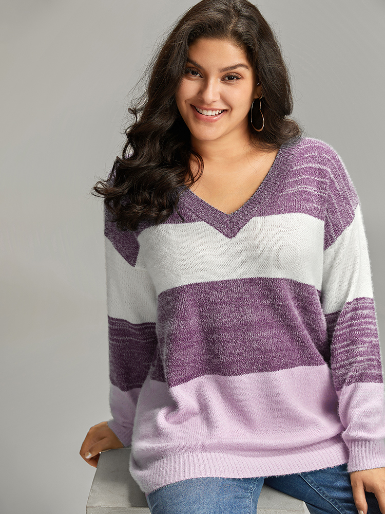 

Plus Size Colorblock Contrast V Neck Pullover Purple Women Casual Long Sleeve V-neck Dailywear Pullovers BloomChic