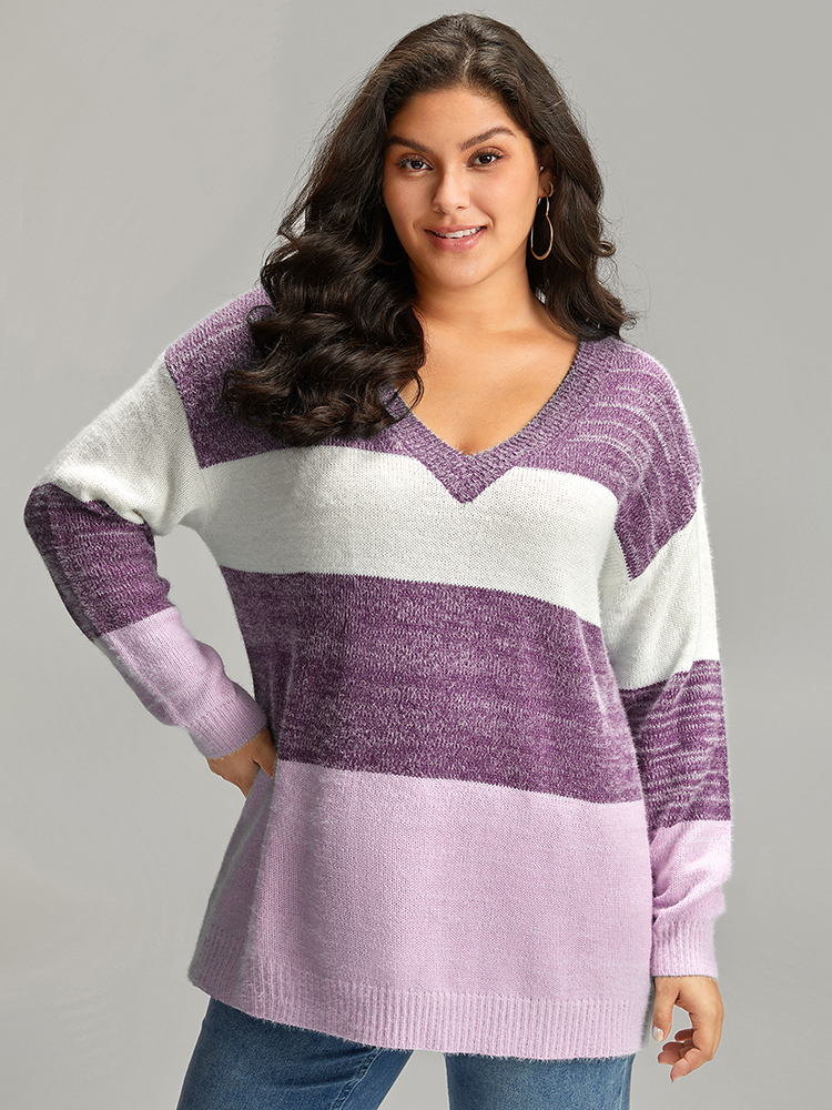 

Plus Size Colorblock Contrast V Neck Pullover Purple Women Casual Long Sleeve V-neck Dailywear Pullovers BloomChic