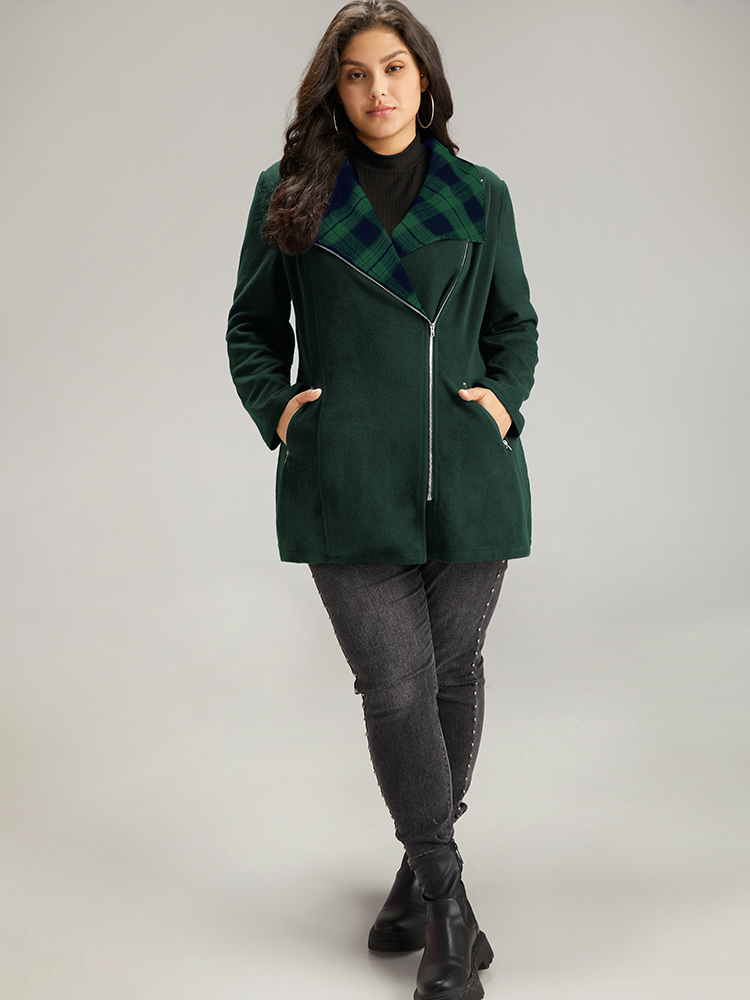 

Plus Size Plaid Patchwork Lapel Collar Zipper Coat Women DarkGreen Elegant Contrast Ladies Everyday Winter Coats BloomChic