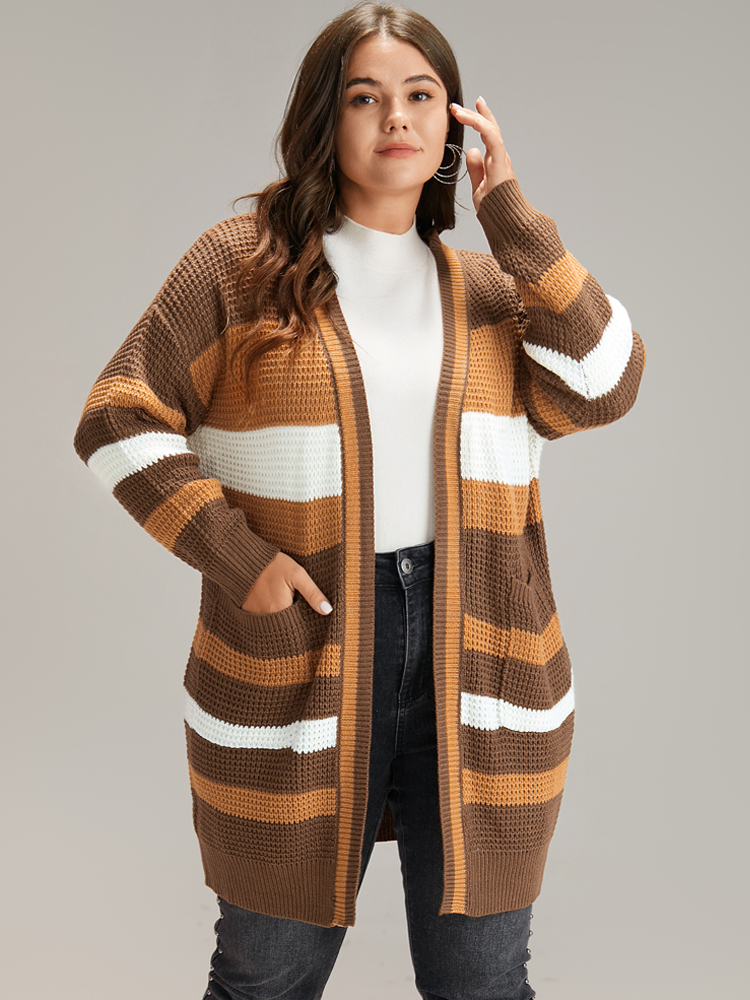 Plus Size Cardigans | Contrast Open Front Patched Pocket Tunic Cardigan | BloomChic 