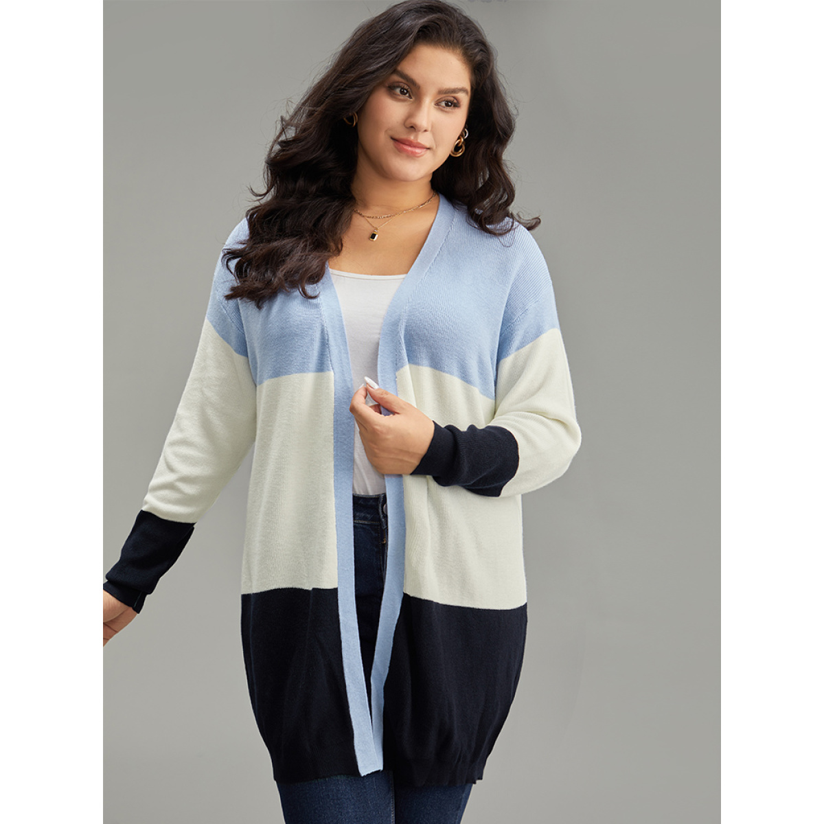 

Plus Size Supersoft Essentials Colorblock Contrast Open Front Cardigan Blue Women Casual Loose Long Sleeve Everyday Cardigans BloomChic