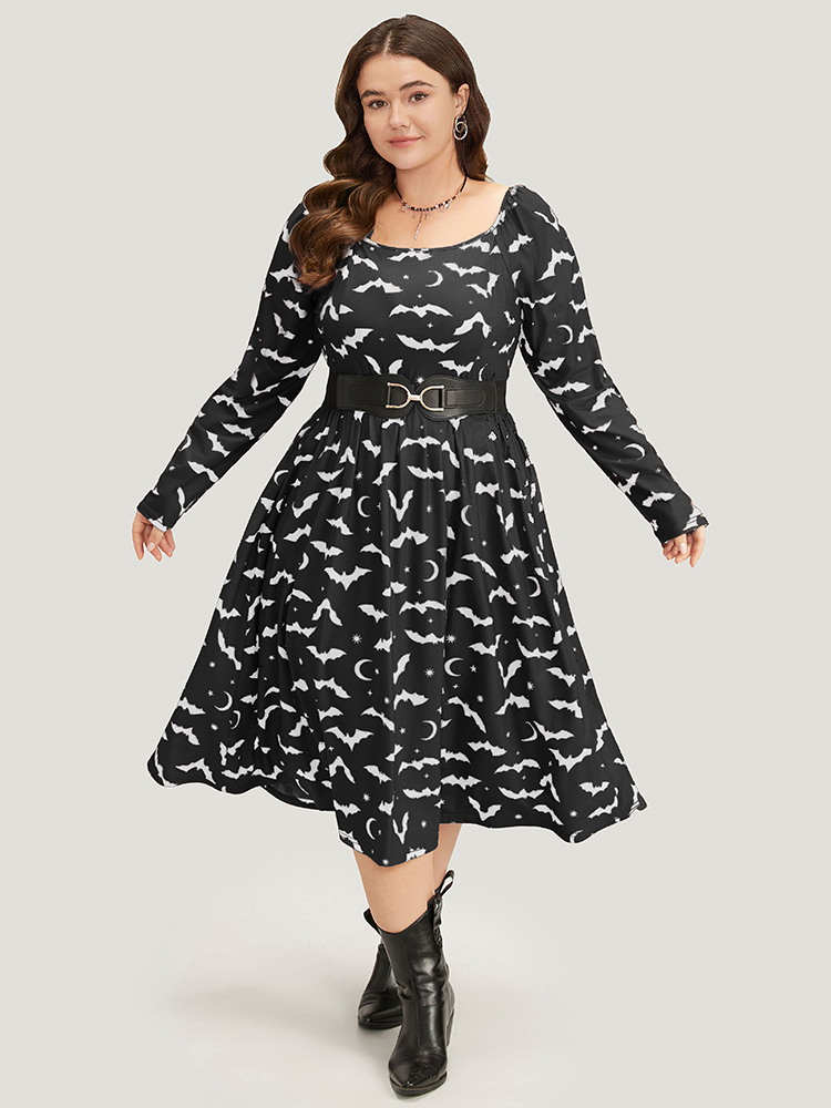 

Plus Size Halloween Bat Print Pocket Square Neck Dress Black Women Casual Gathered Square Neck Long Sleeve Curvy Midi Dress BloomChic