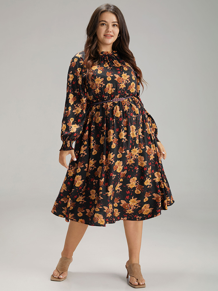 

Plus Size Supersoft Essentials Floral Print Mock Neck Dress Black Women Elegant Printed Mock Neck Long Sleeve Curvy Midi Dress BloomChic