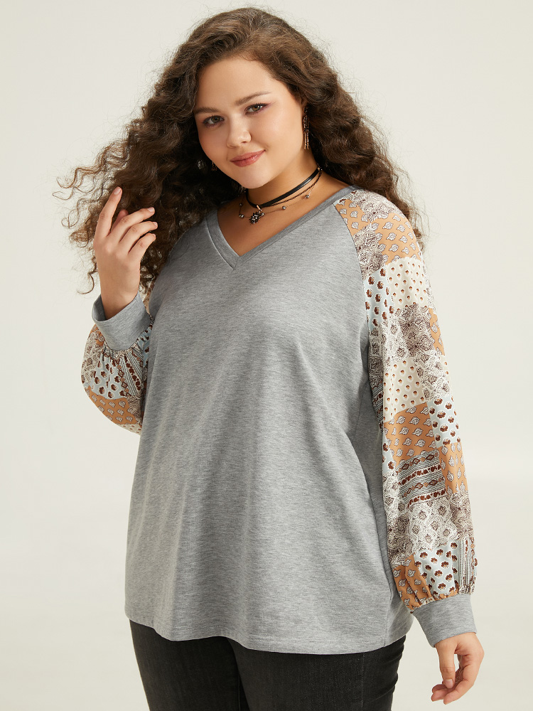 Plus Size Women Festival-Halloween Bohemian Print Elastic cuffs Regular Raglan sleeve Long Sleeve V-neck Casual Sweatshirts BloomChic 