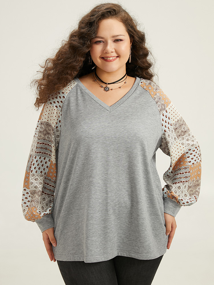 Plus Size Women Festival-Halloween Bohemian Print Elastic cuffs Regular Raglan sleeve Long Sleeve V-neck Casual Sweatshirts BloomChic 