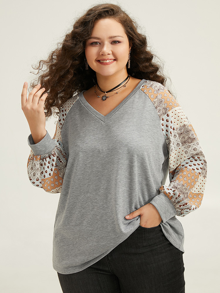 Plus Size Women Festival-Halloween Bohemian Print Elastic cuffs Regular Raglan sleeve Long Sleeve V-neck Casual Sweatshirts BloomChic 