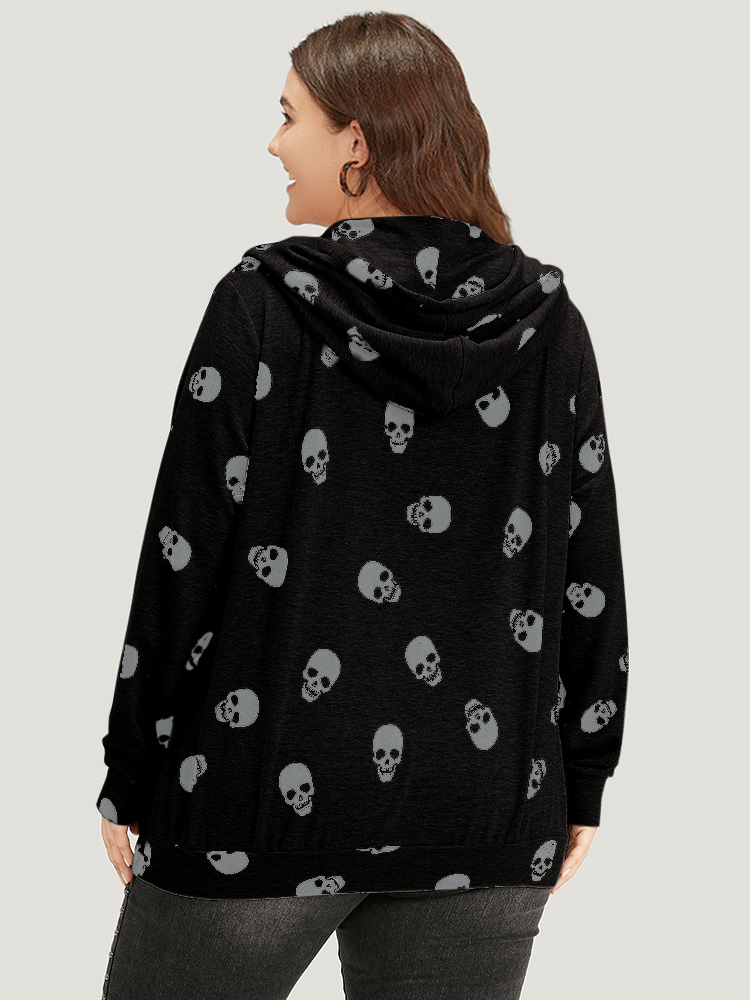 Plus Size Halloween Skull Print Pocket Zipper Hooded Sweatshirt Women Black Casual Elastic cuffs Hooded Festival-Halloween Sweatshirts BloomChic 22-24/3X 