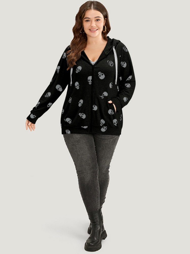 Plus Size Halloween Skull Print Pocket Zipper Hooded Sweatshirt Women Black Casual Elastic cuffs Hooded Festival-Halloween Sweatshirts BloomChic 22-24/3X 
