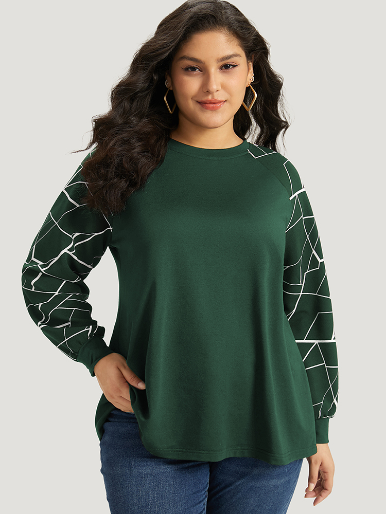 Plus Size Geometric Round Neck Raglan Sleeve Sweatshirt Women DarkGreen Casual Elastic cuffs Round Neck Dailywear Sweatshirts BloomChic 22-24/3X 