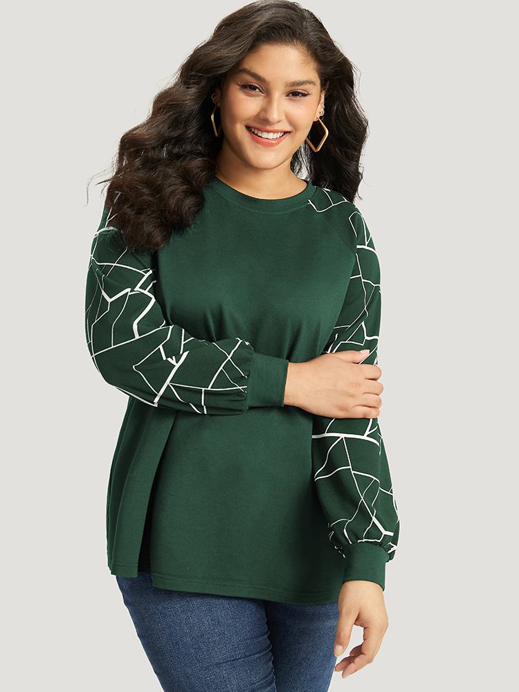 Plus Size Geometric Round Neck Raglan Sleeve Sweatshirt Women DarkGreen Casual Elastic cuffs Round Neck Dailywear Sweatshirts BloomChic 22-24/3X 