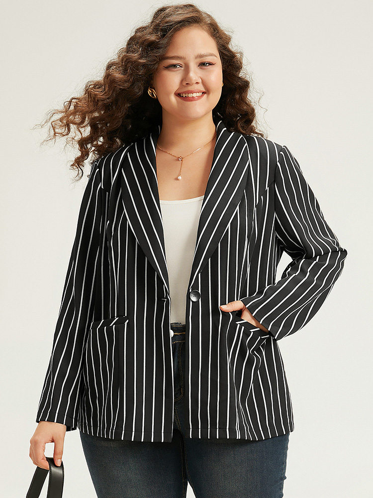 

Plus Size Striped Suit Collar Button Up Blazer Black Women Work Striped Contrast Sleeve Long Sleeve Suit Collar  Pocket Casual Blazers BloomChic