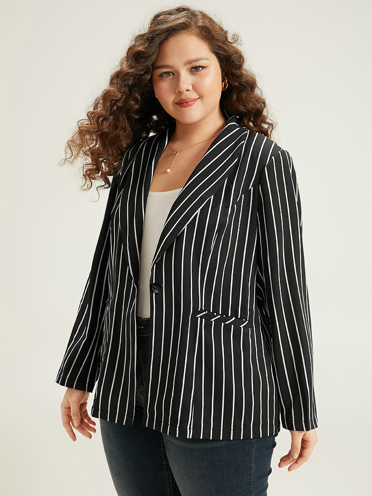 

Plus Size Anti-Wrinkle Striped Suit Collar Button Up Blazer Black Women Work Striped Contrast Sleeve Long Sleeve Suit Collar  Pocket Casual Blazers BloomChic