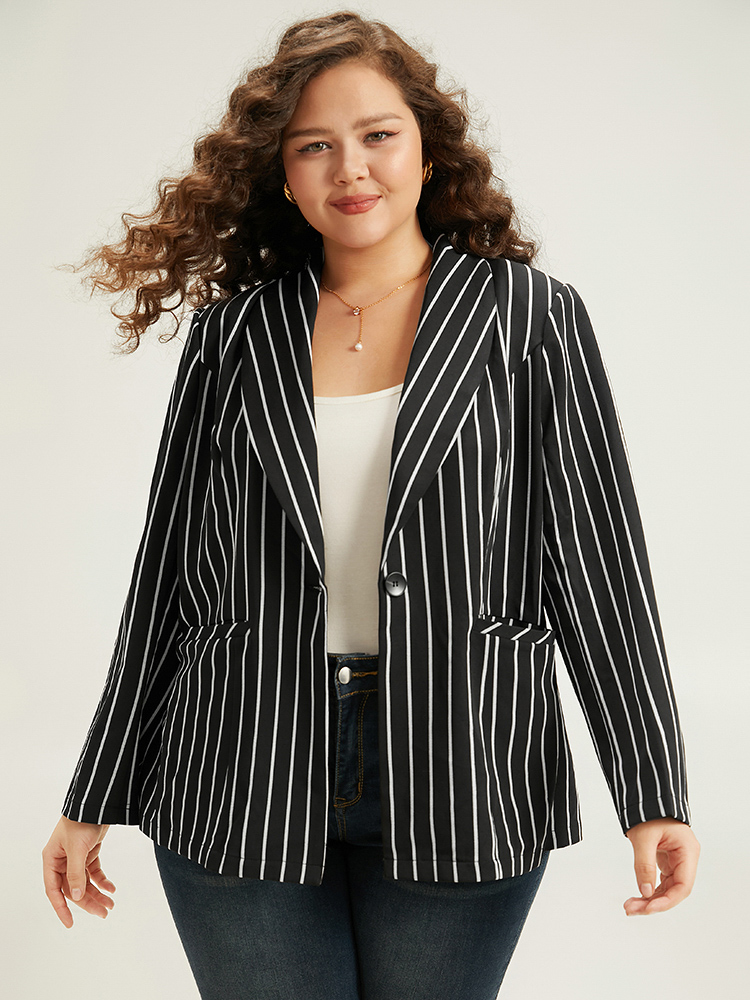 Plus Size Women Work Striped Contrast Regular Sleeve Long Sleeve Suit Collar Pocket Casual Blazers BloomChic 