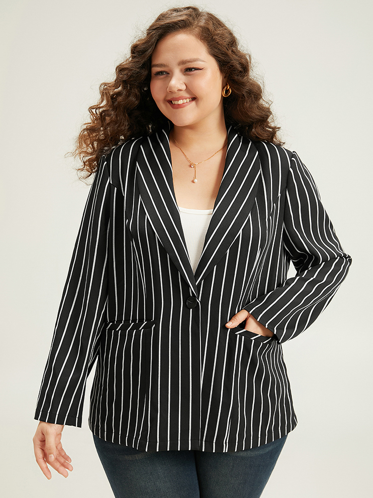 Plus Size Women Work Striped Contrast Regular Sleeve Long Sleeve Suit Collar Pocket Casual Blazers BloomChic 