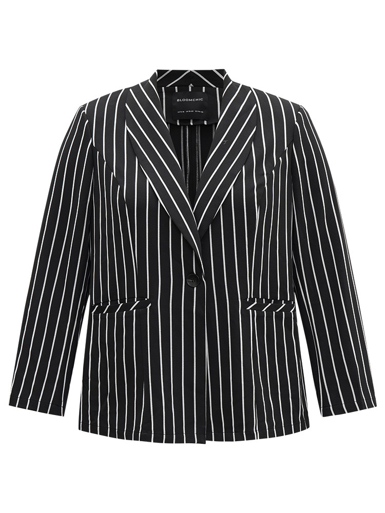 Plus Size Women Work Striped Contrast Regular Sleeve Long Sleeve Suit Collar Pocket Casual Blazers BloomChic 