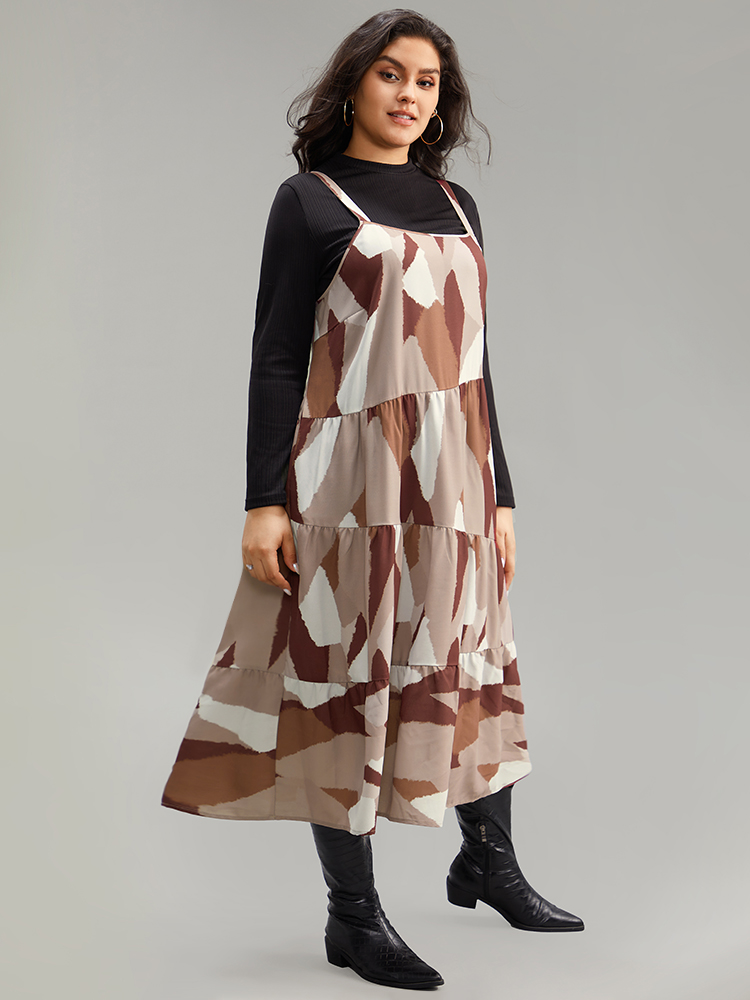 Plus Size Colorblock Contrast Pocket Cami Ruffle Hem Dress LightBrown Women Casual Adjustable Straps Spaghetti Strap Sleeveless Curvy Midi Dress BloomChic 26/4X 