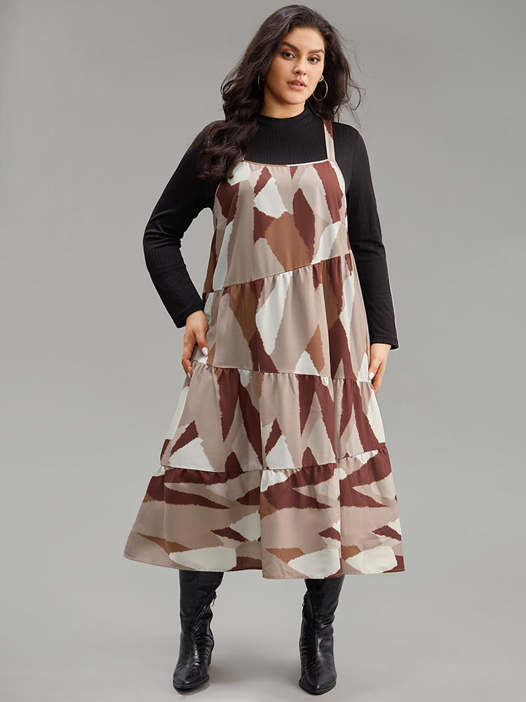 Plus Size Colorblock Contrast Pocket Cami Ruffle Hem Dress LightBrown Women Casual Adjustable Straps Spaghetti Strap Sleeveless Curvy Midi Dress BloomChic 26/4X 
