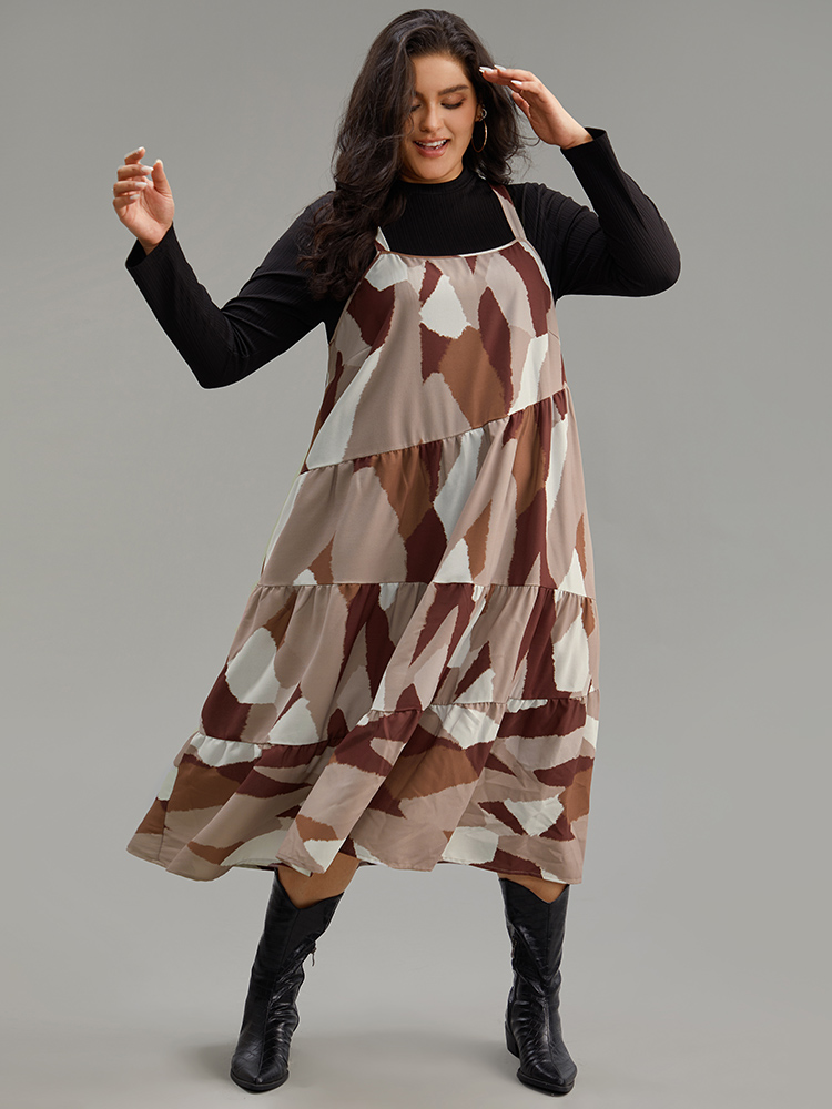 Plus Size Colorblock Contrast Pocket Cami Ruffle Hem Dress LightBrown Women Casual Adjustable Straps Spaghetti Strap Sleeveless Curvy Midi Dress BloomChic 26/4X 