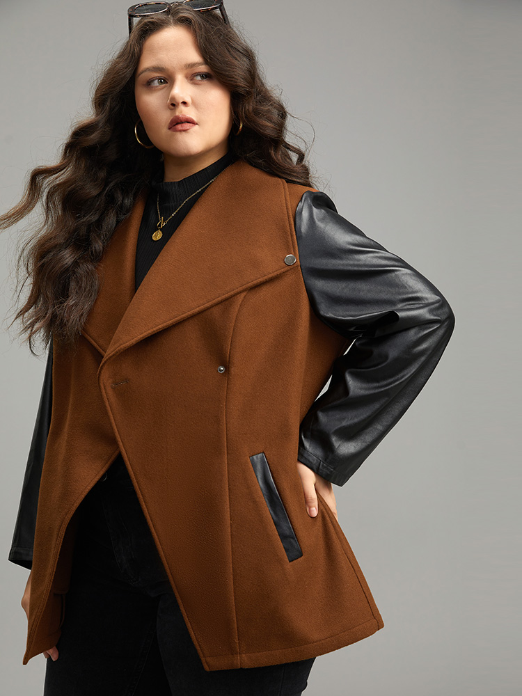 Plus Size Contrast PU Leather Lapel Collar Pocket Button Up Coat Women Tan Casual Contrast Ladies Dailywear Winter Coats BloomChic 22-24/3X 