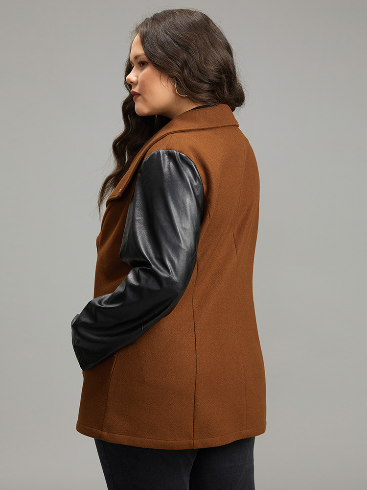 Plus Size Contrast PU Leather Lapel Collar Pocket Button Up Coat Women Tan Casual Contrast Ladies Dailywear Winter Coats BloomChic 22-24/3X 