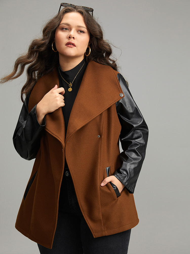 

Plus Size Contrast PU Leather Lapel Collar Pocket Button Up Coat Women Tan Casual Contrast Ladies Dailywear Winter Coats BloomChic