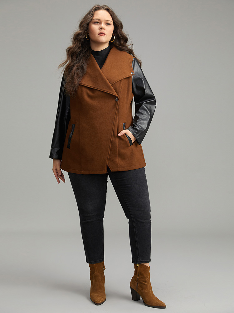 Plus Size Contrast PU Leather Lapel Collar Pocket Button Up Coat Women Tan Casual Contrast Ladies Dailywear Winter Coats BloomChic 22-24/3X 