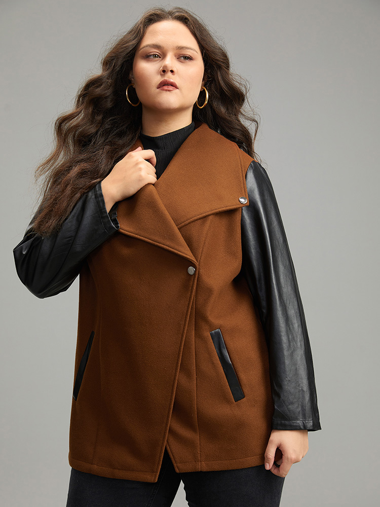 Plus Size Contrast PU Leather Lapel Collar Pocket Button Up Coat Women Tan Casual Contrast Ladies Dailywear Winter Coats BloomChic 22-24/3X 
