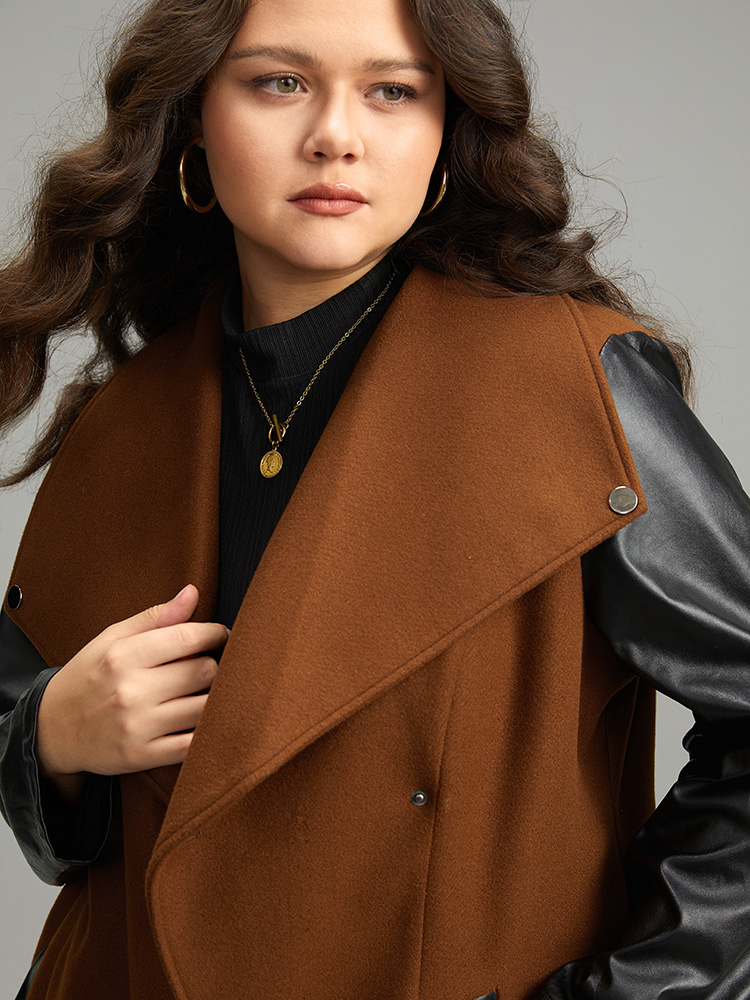 Plus Size Contrast PU Leather Lapel Collar Pocket Button Up Coat Women Tan Casual Contrast Ladies Dailywear Winter Coats BloomChic 22-24/3X 
