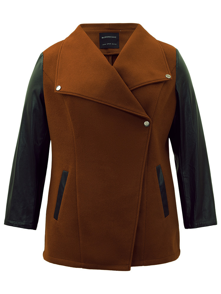 Plus Size Contrast PU Leather Lapel Collar Pocket Button Up Coat Women Tan Casual Contrast Ladies Dailywear Winter Coats BloomChic 22-24/3X 