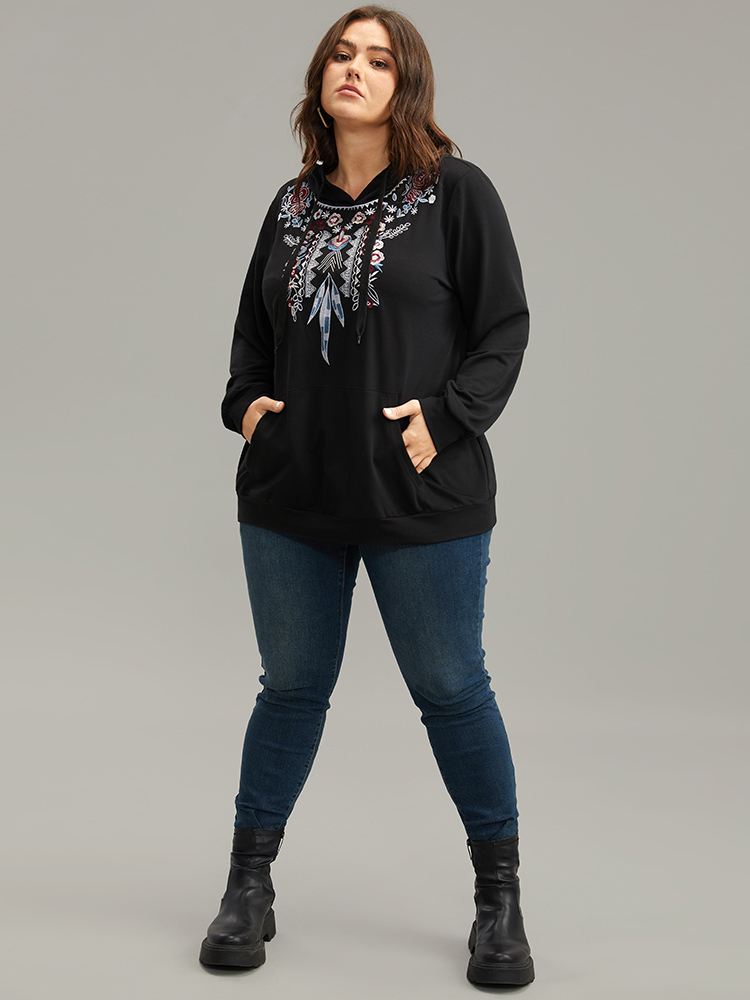 Plus Size Women Dailywear Bohemian Print Embroidered Regular Regular Sleeve Long Sleeve Hooded Pocket Casual Sweatshirts BloomChic 