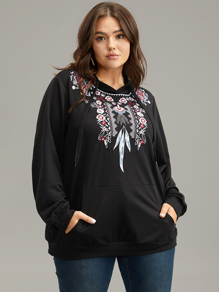 Plus Size Women Dailywear Bohemian Print Embroidered Regular Regular Sleeve Long Sleeve Hooded Pocket Casual Sweatshirts BloomChic 