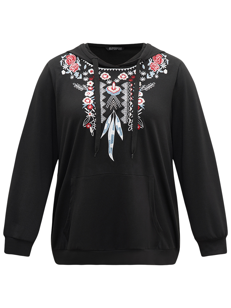 Plus Size Women Dailywear Bohemian Print Embroidered Regular Regular Sleeve Long Sleeve Hooded Pocket Casual Sweatshirts BloomChic 