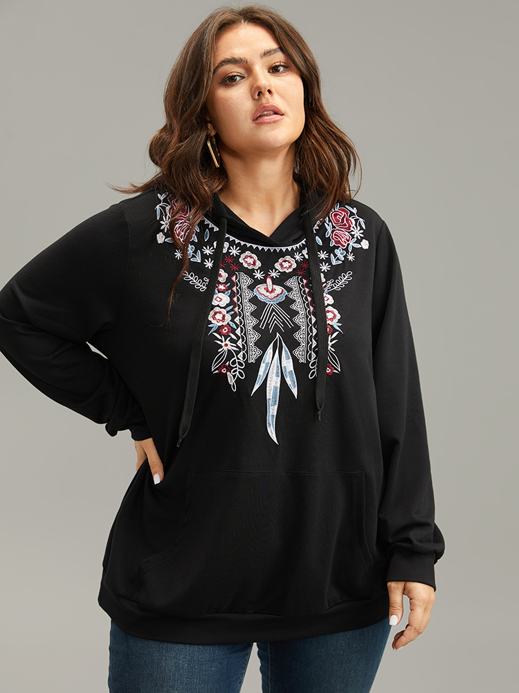 Plus Size Women Dailywear Bohemian Print Embroidered Regular Regular Sleeve Long Sleeve Hooded Pocket Casual Sweatshirts BloomChic 
