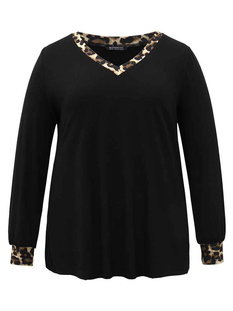 

Plus Size Leopard Patchwork V Neck T-shirt Black Women Casual Elastic cuffs Leopard V-neck Dailywear T-shirts BloomChic