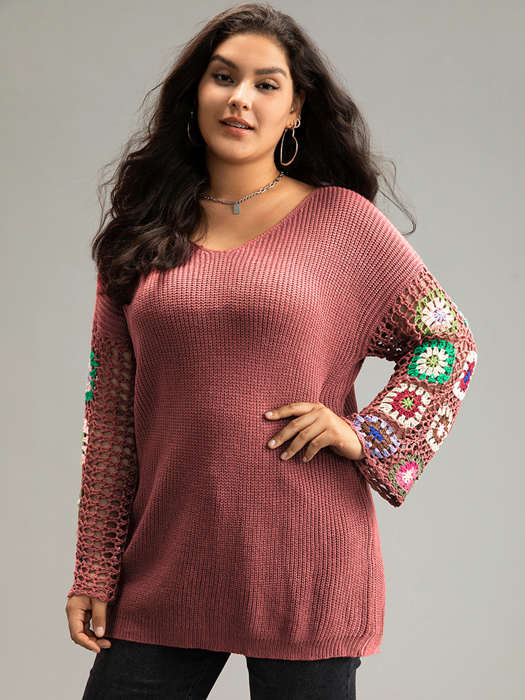 

Plus Size Floral Embroidered Hollow Out Pullover Crimson Women Casual Long Sleeve V-neck Everyday Pullovers BloomChic