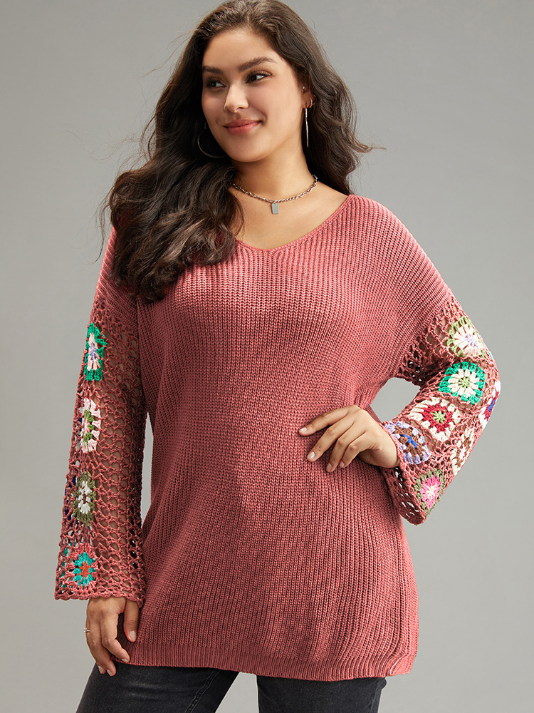 

Plus Size Floral Embroidered Hollow Out Pullover Crimson Women Casual Long Sleeve V-neck Everyday Pullovers BloomChic