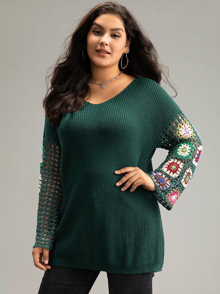 

Plus Size Floral Embroidered Hollow Out Pullover DarkGreen Women Casual Long Sleeve V-neck Everyday Pullovers BloomChic