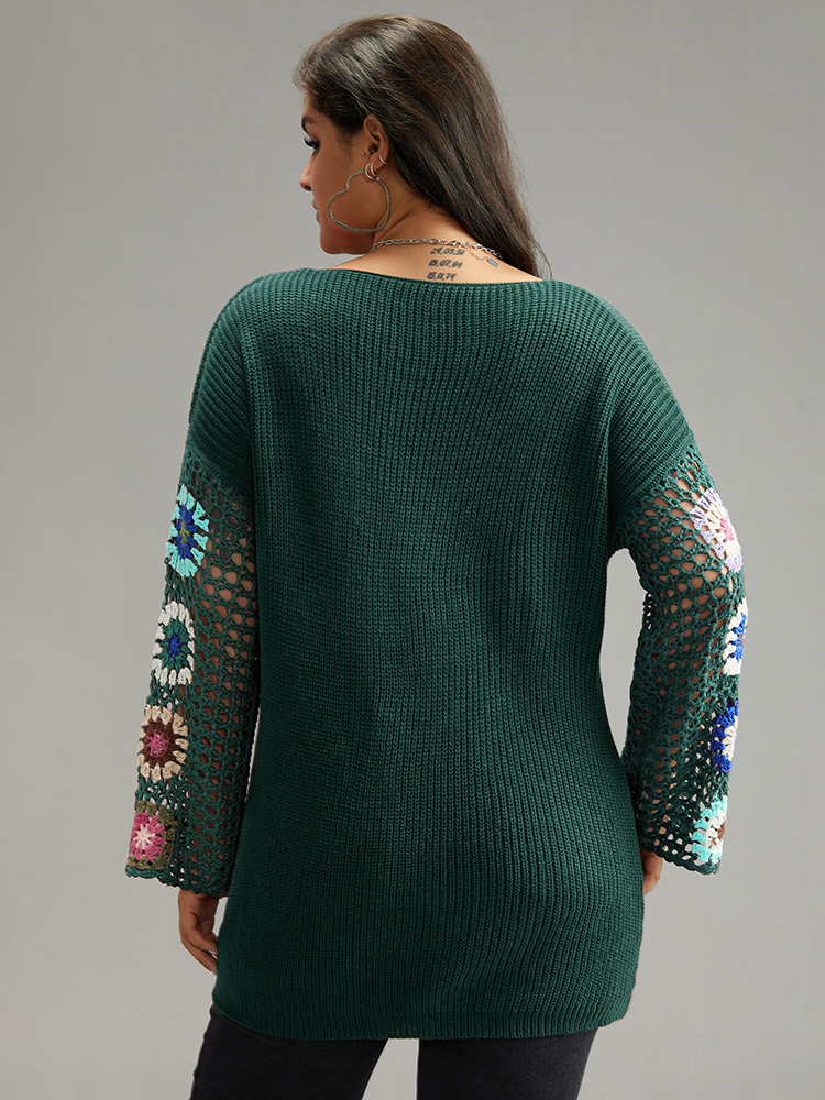 

Plus Size Floral Embroidered Hollow Out Pullover DarkGreen Women Casual Long Sleeve V-neck Everyday Pullovers BloomChic