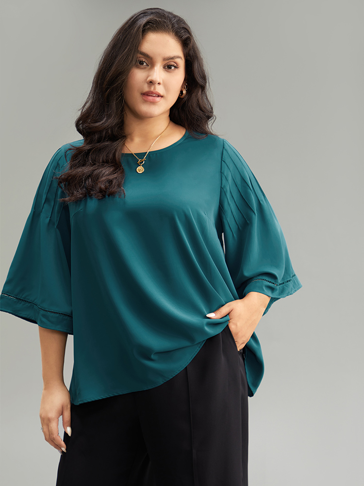 

Plus Size Cyan Anti-Wrinkle Pleated Detail Flounce Sleeve Blouse Women Office Half Sleeve Round Neck Work Blouses BloomChic