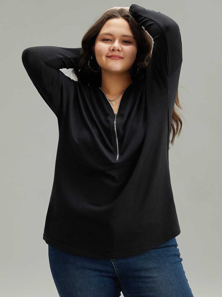 

Plus Size Solid Zipper Detail Patchwork T-shirt Black Women Casual Plain Plain V-neck Dailywear T-shirts BloomChic