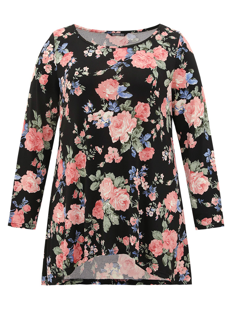 

Plus Size Floral Print Round Neck T-shirt Black Round Neck Long Sleeve Casual Jersey Tops