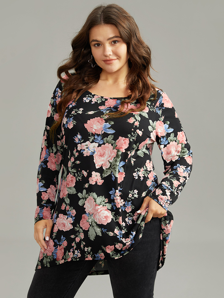 

Plus Size Floral Print Round Neck T-shirt Black Round Neck Long Sleeve Casual Jersey Tops