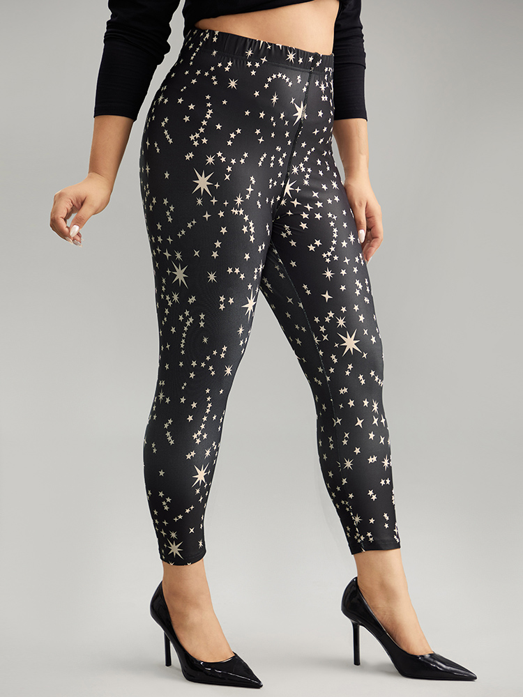 Plus Size Star Print High Rise Skinny Leggings Women Black Casual High stretch Skinny High Rise Dailywear Leggings BloomChic 18-20/2X 